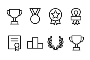 Obraz na płótnie Canvas Ace Achievement Icons. Outline icon set of ace achievements: trophy, medal, star badge, ribbon, certificate, podium, laurel wreath, champion cup. Line icons in