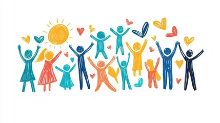 A vibrant group of diverse individuals celebrating joy and togetherness with colorful hearts and sunshine.