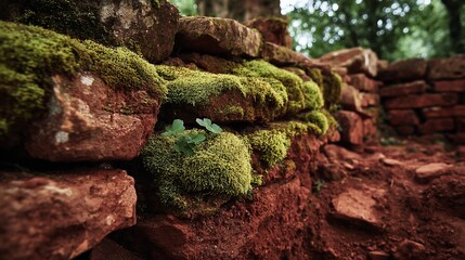 Stone wall with green moss in forest. Little plant sprouts. Red clay ground