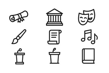 Noble Education Icons. Outline icon set of noble education and culture: diploma, library, theater masks, musical notes, paintbrush, scroll, podium, book. Line