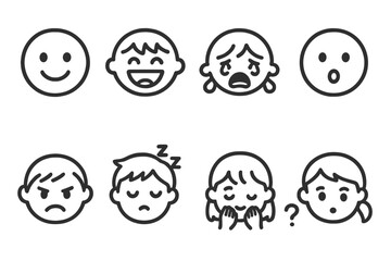 Children and Tourists Icons. Outline icon set of children?s emotions: smiling face, laughing child, crying child, surprised face, angry face, sleepy face, shy