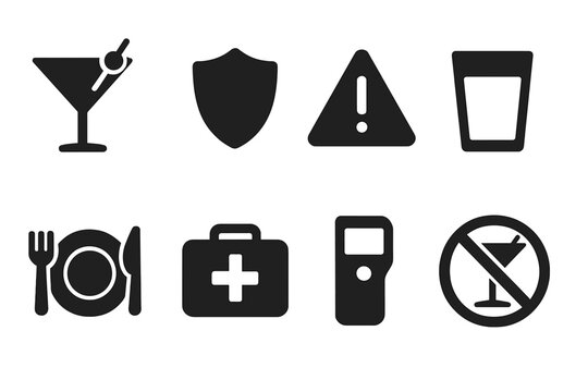Martini Safety Icons. Solid, filled icon set of martini safety and moderation: drink responsibly sign, age restriction, warning sign, water glass, food plate,