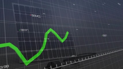 Upon grid appearing, green polyline oscillating on 3D grid and labels updating to show data trends - Powered by Adobe