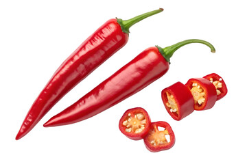 Two whole red chili peppers and sliced chili pepper pieces red pepper hot pepper