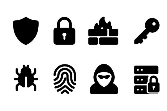 Cybersecurity Icon Set. Solid, filled icon set of cybersecurity: shield, padlock, firewall, key, antivirus, fingerprint, hacker mask, secure server. [Line