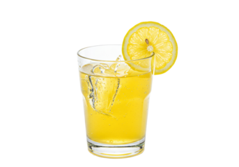Refreshing yellow drink with lemon slice isolated, glass of lemonade with ice cubes for summer refreshment on transparent background