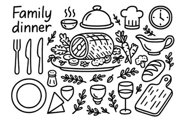 Family Dinner Doodle. Hand-drawn doodle illustration Family dinner roast beef, serving tray, fork, knife, plate, gravy boat, vegetables, bread, wine glass,
