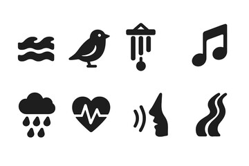 Obraz premium Soothing Sounds Icons. Solid, filled icon set of soothing sounds: ocean waves, birds chirping, wind chimes, soft music notes, rain, heartbeat, whisper, flowing