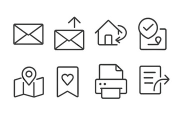 Address Icon Set. Outline icon set of address-related actions: send mail, receive mail, change address, verify address, locate on map, save address, print