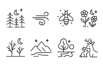 Fototapeta premium Quiet Night Icons. Outline icon set of quiet night nature: still forest, gentle breeze, firefly, nighttime flowers, silhouetted trees, calm