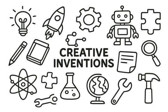 Creative Invention Doodles. Hand-drawn doodle illustration Creative inventions light bulb, rocket, gear, robot, puzzle piece, book, pencil, paper, magnifying