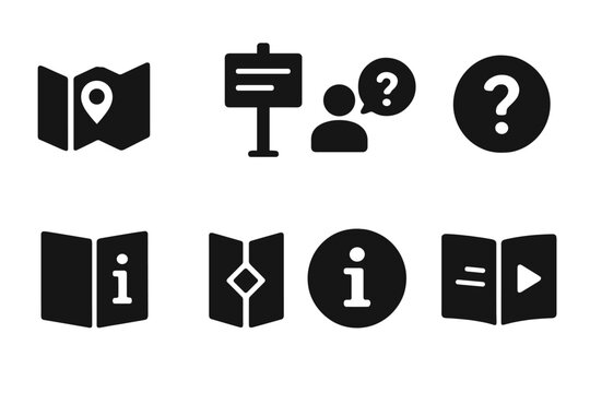 Information Icons Grid. Solid, filled icon set of informational signs: map, directory, help icon, question mark, guidebook, brochure, info circle, tutorial.