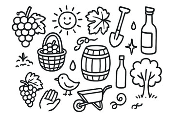 Grape Harvest Doodles. Hand-drawn doodle illustration Grape harvest grape cluster, basket, vine leaf, sun, shovel, barrel, bottle, star, droplet, hand, bird,