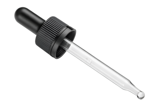 Close up of black rubber bulb dropper with glass tube and liquid drop pipette