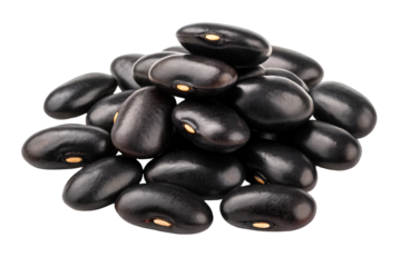 Pile of shiny black beans with visible yellow hilum on black background heap food