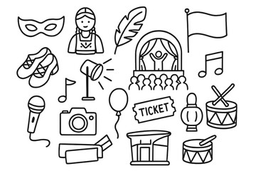 Cultural Festive Illustrations. Hand-drawn doodle illustration Cultural costumes and masks mask, costume, feather, flag, dance shoes, spotlight, stage, crowd,