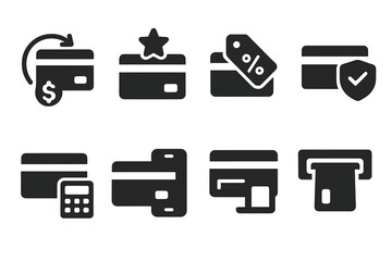 Debit Card Icon Set. Solid, filled icon set of debit card benefits: cashback, rewards, discounts, fraud protection, budgeting tool, instant notifications, ATM
