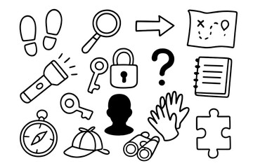 Obraz premium Detective Essentials Icons. Hand-drawn doodle illustration trail clue footprints, magnifying glass, arrow, map, question mark, notebook, flashlight, key, lock,