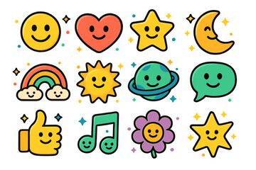 Fototapeta premium Colorful Smiling Symbols. Smiling symbols. Colorful isometric vector icons set of smiling symbols: smiley face, cheerful heart, smiling star, happy moon,