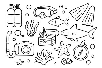 Underwater Exploration Doodles. Hand-drawn doodle illustration underwater explore scuba tank, mask, fins, fish, coral, seaweed, treasure chest, shark, snorkel,