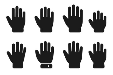 Obraz premium Glove Size Icons. Solid, filled icon set of glove sizes: small, medium, large, extra large, kids, unisex, adjustable, one size fits all. Solid, filled icons in