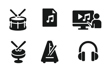 Drum Education Icons. Solid, filled icon set of drumroll education: drum lesson, sheet music, video tutorial, instructor, practice pad, metronome, music book,