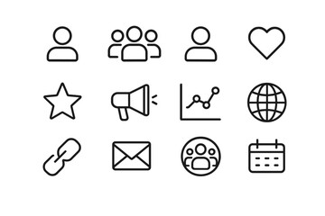 Fototapeta premium Audience Building Icons. Audience building. Line icon set of audience building: follower icon, group icon, profile avatar, heart like, star, megaphone,