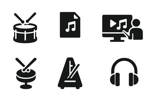 Drum Education Icons. Solid, filled icon set of drumroll education: drum lesson, sheet music, video tutorial, instructor, practice pad, metronome, music book,