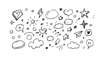 Doodle sketch art with heart star cloud lightning bolt circle and arrow hand drawn elements vector design