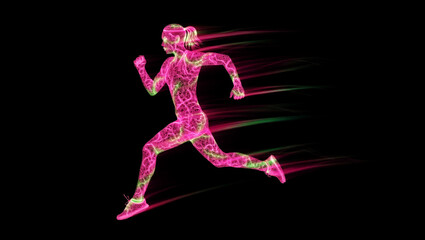 Energetic runner with pink green light trails female motion
