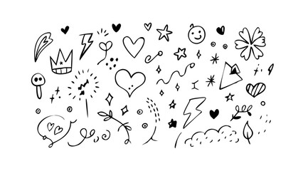 Hand drawn doodle set with hearts stars crown lightning and other cute elements for design and decoration