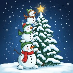 Fototapeta premium cheerful snowmen decorating a christmas tree in a winter wonderland scene with falling snowflakes and festive atmosphere - AI Generated Digital Art