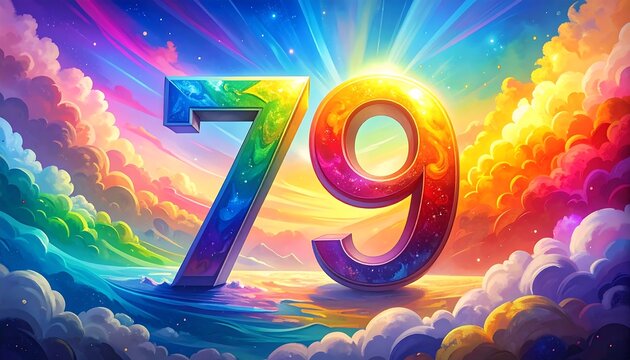 Colorful numbers 79 on a vibrant background of clouds and waves