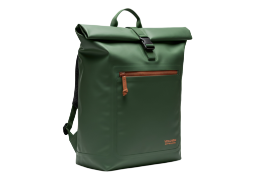 Green rolltop backpack isolated, waterproof rucksack for travel and outdoor activities, modern design