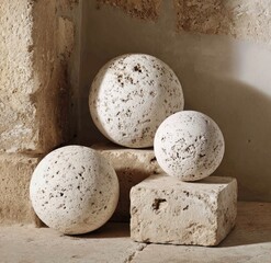 Three textured stone spheres rest on rustic stone blocks, showcasing a natural, neutral color palette.