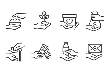 Volunteer Hands Icons. Outline icon set of helping and volunteering hands: hands passing food, hands planting tree, hands with heart box, hands with charity