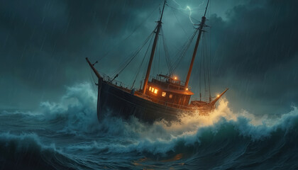 Obraz premium Dramatic photo of ship sailing during violent storm at sea. Vessel battles massive waves under dark sky with lightning strikes. Marine adventure with stormy ocean environment concept.