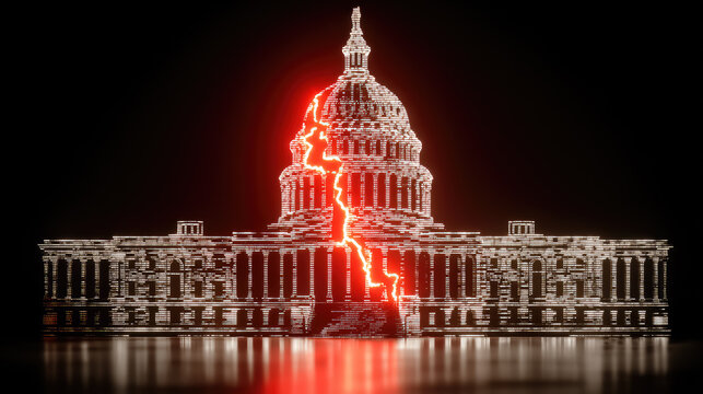 US government shutdown and political crisis concept. A cracked digital Capitol building symbolizes a broken government.