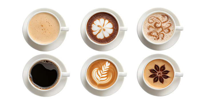 Six coffee cups with latte art and foam arranged on black background top view