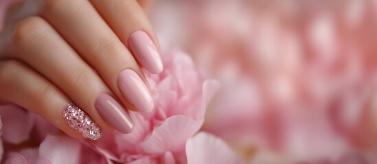 Fototapeta premium Elegant Pink Manicure with Glitter Accent Nail on Flower Background