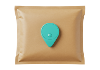 Brown paper padded envelope with turquoise location pin isolated, package for shipping and delivery on a transparent background PNG