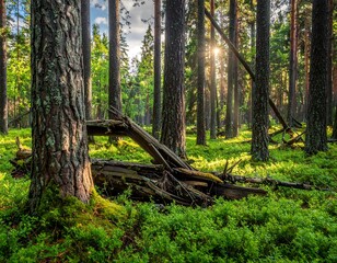 Obraz premium Sunlit Forest Floor with Fallen Logs.