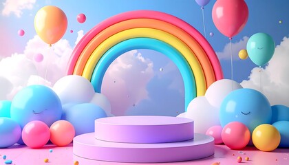 Colorful pastel scene with rainbow arch and balloons