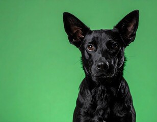 Black Dog Portrait Against Green Background.