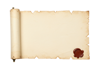 Old parchment scroll isolated on transparent background, antique paper with wax seal for medieval maps and treasure hunt