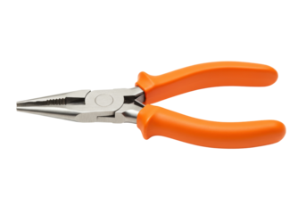 Orange handled needle nose pliers isolated, hand tool for electronics and jewelry making on transparent background