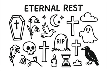 Symbols of Mourning. Eternal Rest. Hand-drawn doodle illustration coffin, gravestone, cross, skull, wilted flowers, candle, hourglass, dove, ghost, moon,