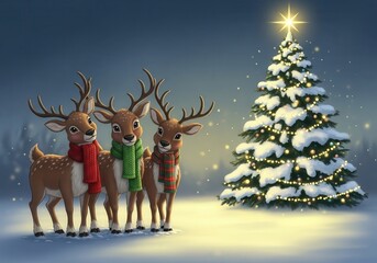 Naklejka premium three cheerful reindeer wearing colorful scarves standing in front of a beautifully decorated Christmas tree in a snowy winter landscape - AI Generated Digital Art