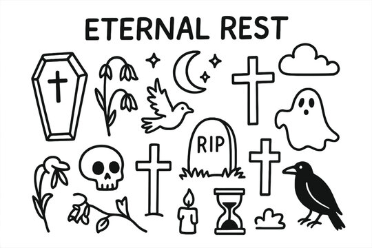 Symbols of Mourning. Eternal Rest. Hand-drawn doodle illustration coffin, gravestone, cross, skull, wilted flowers, candle, hourglass, dove, ghost, moon,