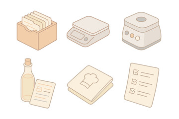 Culinary Essentials Icons. Isometric vector illustration set Kitchen Utensils for Recipes: stainless steel whisk, silicone spatula